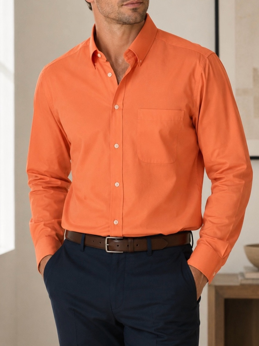 Cantaloupe, orange,  Chaps men's long-sleeve button-down dress shirt